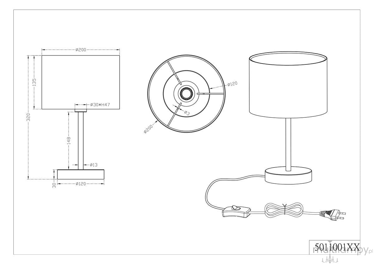 Biała lampa stołowa 1-punktowa, okrągła podstawa o średnicy 12 cm, wysokość całkowita 32 cm, klosz cylindryczny o średnicy 20 cm i wysokości 13,5 cm. Widoczny przewód z włącznikiem, prosta konstrukcja.