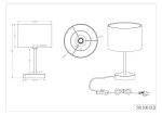 Biała lampa stołowa 1-punktowa, okrągła podstawa o średnicy 12 cm, wysokość całkowita 32 cm, klosz cylindryczny o średnicy 20 cm i wysokości 13,5 cm. Widoczny przewód z włącznikiem, prosta konstrukcja.