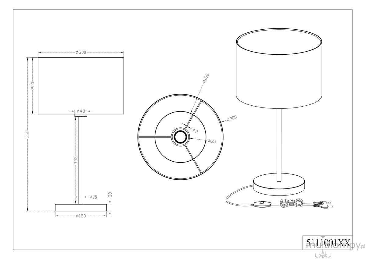 Biała lampa stołowa 1-punktowa o cylindrycznym kloszu o średnicy 30 cm, zamontowana na prostym, metalowym stelażu. Wysokość całkowita wynosi 55 cm. Widoczny kabel z włącznikiem. Projekt minimalistyczny, idealny do aranżacji wnętrz.