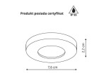 Okrągła oprawa do zabudowy Lagos w kolorze czarnym, o średnicy 7,6 cm i wysokości 2,2 cm, z certyfikatem IP65, co zapewnia odporność na kurz i wodę. Produkt ukazany z góry, prezentujący prosty, minimalistyczny design.