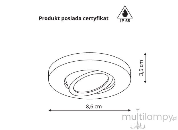 Ruchoma oprawa do zabudowy Lagos w kolorze czarnym, okrągła, o średnicy 8,6 cm i wysokości 3,5 cm. Produkt z certyfikatem IP65, idealny do stosowania w wilgotnych warunkach.