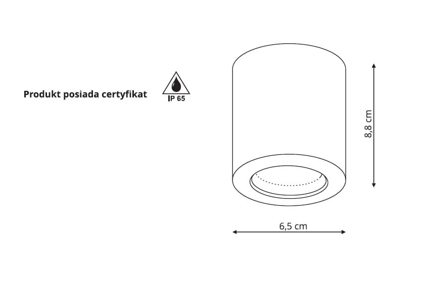 Czarna lampa sufitowa tuba 1-punktowa Faro LP-6510/1SM BK, o wymiarach 6,5 cm średnicy i 8,8 cm wysokości, z certyfikatem IP65, idealna do wnętrz i przestrzeni zewnętrznych. Prosty, cylindryczny kształt.