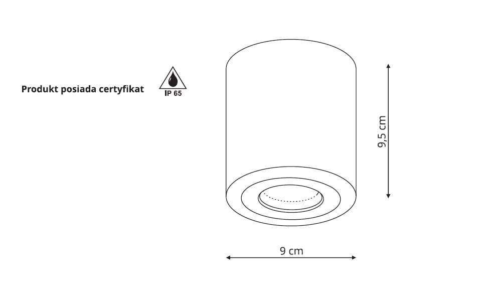 Lampa sufitowa tuba Faro XL, 1-punktowa, biała, z certyfikatem IP65. Cylindryczny kształt o wymiarach 9 cm średnicy i 9,5 cm wysokości, z widoczną oprawą świetlną na dole. Idealna do użytku w pomieszczeniach o wysokiej wilgotności.