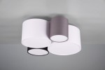 Lampa sufitowa 4-punktowa w kolorze białym i szarym, z trzema cylindrycznymi kloszami, zawieszona na gładkiej powierzchni. Klosze mają różne wysokości, tworząc nowoczesny wygląd. Idealna do wnętrz hotelowych lub mieszkalnych.