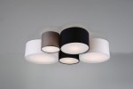 Lampa sufitowa 5-punktowa w odcieniach białym, czarnym i szarym. Okrągłe klosze z materiału, umieszczone na płaskiej podstawie. Ujęcie z góry, prezentujące równomierne rozmieszczenie kloszy.