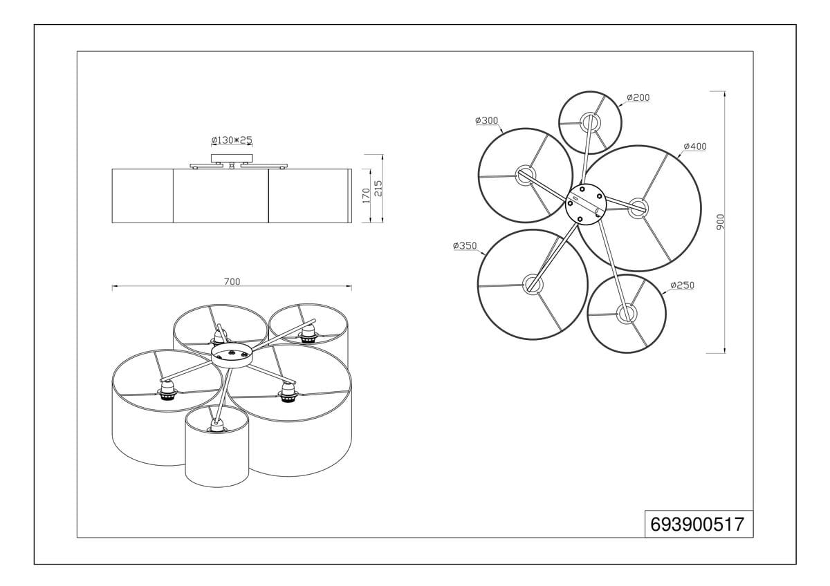 Lampa sufitowa 5-punktowa w różnych kolorach, o okrągłych kloszach o średnicach 200 mm, 250 mm, 300 mm, 350 mm i 400 mm. Produkt ma cylindryczny korpus, zamontowany jest na płaskiej podstawie. Wymiary: średnica 700 mm, wysokość 215 mm.