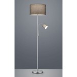 Lampa podłogowa 2-punktowa w kolorze szarym, z okrągłym stelażem. Główny klosz w kształcie cylindra z tkaniny, dodatkowe źródło światła na elastycznym ramieniu. Ustawiona na prostym tle, w pozycji stojącej.