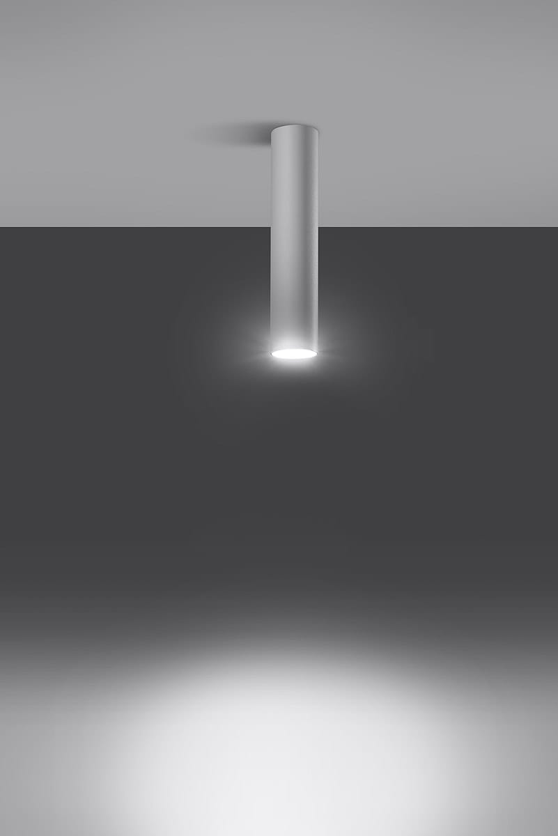 Biała lampa sufitowa Lagos H30, jednopunktowa, w kształcie cylindrycznym, zamontowana na suficie. Emituje światło w dół, na jednolitym, ciemnoszarym tle, co podkreśla jej minimalistyczny design.