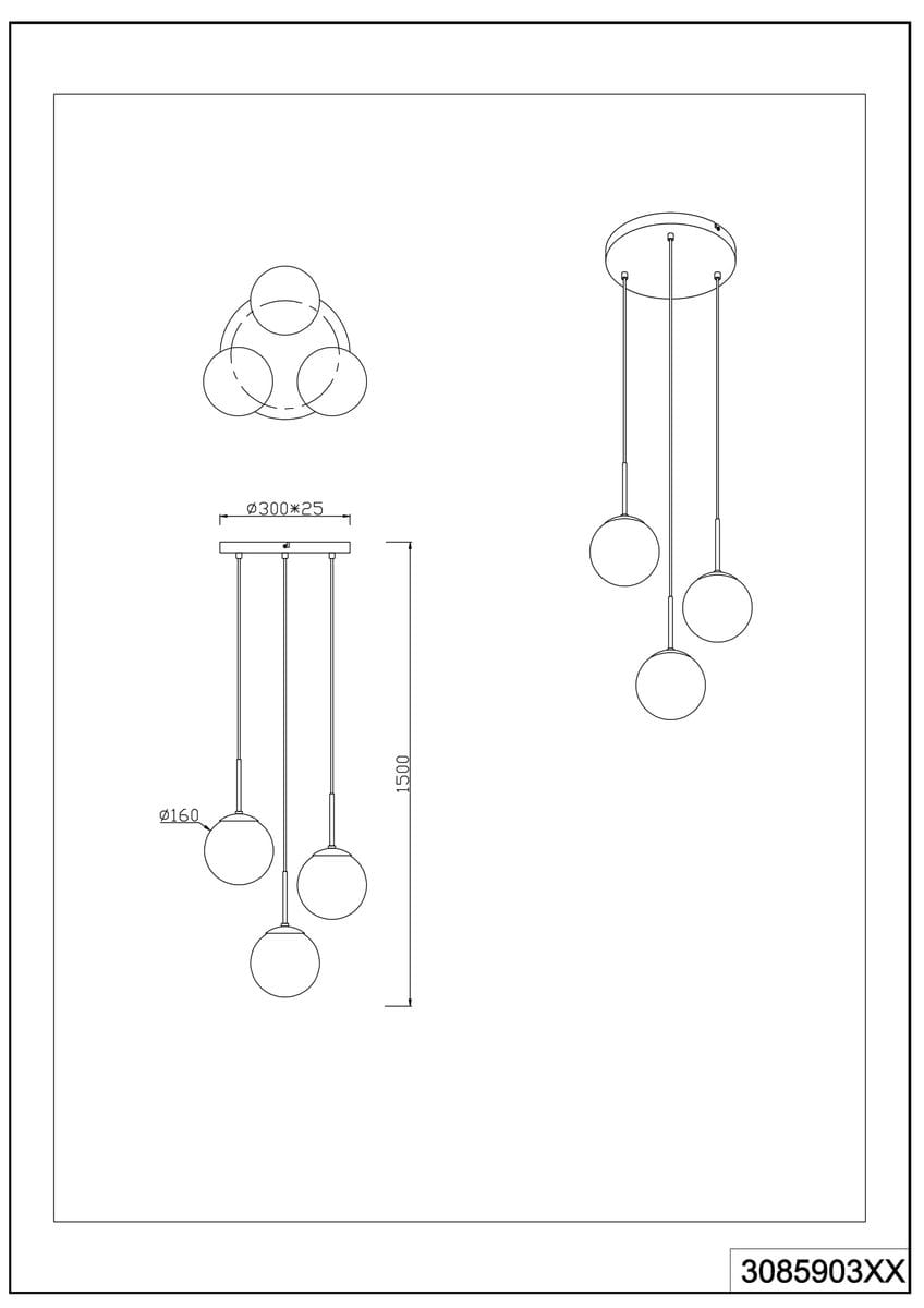Lampa wisząca Balini 3-punktowa w kolorze antracytowym. Składa się z trzech okrągłych kloszy o średnicy 160 mm, zawieszonych na cienkich linkach. Montaż sufitowy, wysokość całkowita 1500 mm, średnica podstawy 300 mm. Prosty, nowoczesny design.