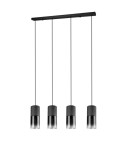 Lampa wisząca Robin, 4-punktowa, zawieszona na czarnym stelażu. Składa się z czterech cylindrycznych kloszy w ciemnoszarym kolorze z przezroczystym dnem. Klosze zawieszone na cienkich linkach, tworzą nowoczesny i minimalistyczny wygląd.