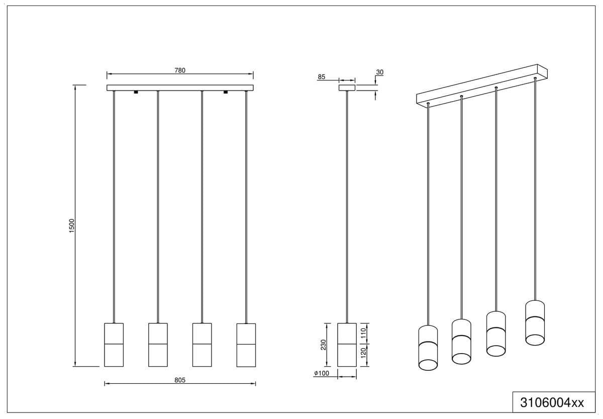 Lampa wisząca Robin, 4-punktowa, z prostokątnym sufitem o wymiarach 780 mm x 30 mm, cztery okrągłe klosze o średnicy 100 mm, zawieszone na regulowanych linkach. Wysokość całkowita 1500 mm, minimalistyczny design, idealna do nowoczesnych wnętrz.