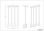 Lampa wisząca Robin, 4-punktowa, z prostokątnym sufitem o wymiarach 780 mm x 30 mm, cztery okrągłe klosze o średnicy 100 mm, zawieszone na regulowanych linkach. Wysokość całkowita 1500 mm, minimalistyczny design, idealna do nowoczesnych wnętrz.