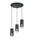 Lampa wisząca Robin 3-punktowa z okrągłym, czarnym podsufitkiem. Trzy cylindryczne klosze w odcieniach czerni i szarości, z widocznymi żarówkami. Produkt zwisający, idealny do nowoczesnych wnętrz.