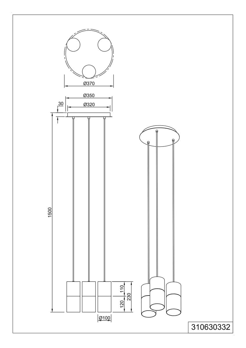 Lampa wisząca Robin 3-punktowa, z trzema cylindrycznymi kloszami, zawieszona na trzech cienkich linkach. Górna część o średnicy 370 mm, klosze o średnicy 100 mm, wysokość 1500 mm. Prosty, nowoczesny design, idealna do różnych wnętrz.