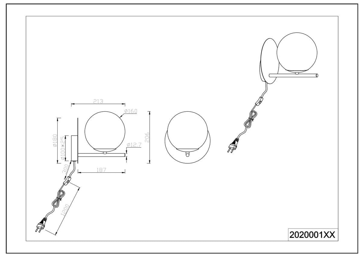 Kinkiet Pure 1-punktowy w kolorze mosiężnym, z okrągłą, przezroczystą kloszem o średnicy 160 mm. Zawiera prostokątną, płaską podstawę i przewód z wtyczką. Wymiary: 213 mm szerokości, 300 mm wysokości. Ujęcie frontalne.