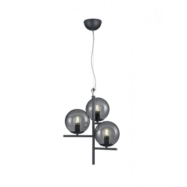 Lampa wisząca Pure 3-punktowa w kolorze antracytowym z trzema przezroczystymi kulami. Kule zawierają żarówki, zamontowane na czarnym metalowym stelażu. Lampa wisząca zwisa z sufitu na cienkim przewodzie.