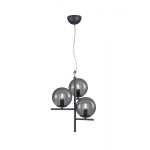 Lampa wisząca Pure 3-punktowa w kolorze antracytowym z trzema przezroczystymi kulami. Kule zawierają żarówki, zamontowane na czarnym metalowym stelażu. Lampa wisząca zwisa z sufitu na cienkim przewodzie.