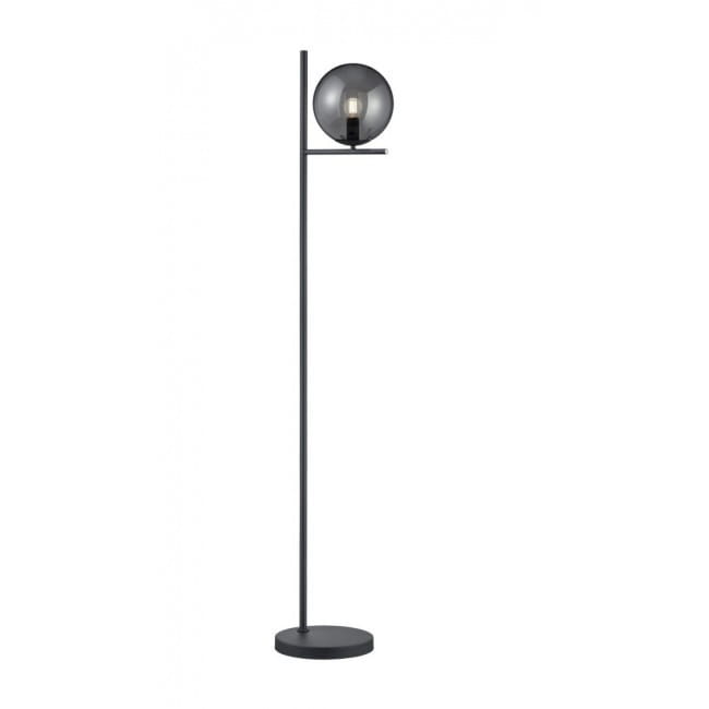 Lampa podłogowa Pure w kolorze antracytowym, z okrągłym kloszem w ciemnym szkłach, umieszczona na smukłym, prostym stelażu. Ujęcie frontalne, stojąca na okrągłej podstawie, z źródłem światła. Minimalistyczny design, idealna do nowoczesnych wnętrz.