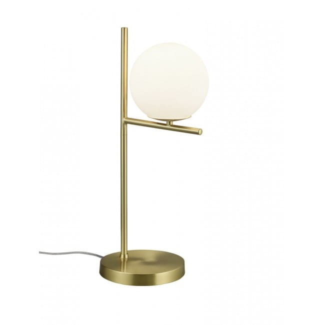 Lampa stołowa Pure, jednoźródłowa, z mosiężnym stelażem i okrągłą, białą kloszem. Ustawiona na okrągłej podstawie, z widocznym kablem. Minimalistyczny design, z kloszem umieszczonym na poziomej belce.