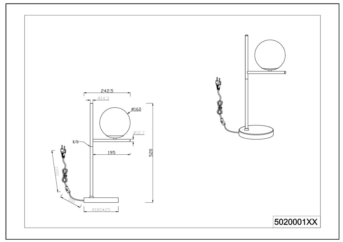 Lampa stołowa Pure 1-punktowa w kolorze mosiądzu, z okrągłą podstawą i szklanym kloszem o średnicy 16 cm. Ujęcie frontalne, widoczny kabel z wtyczką, wysokość 52 cm, średnica podstawy 18 cm.
