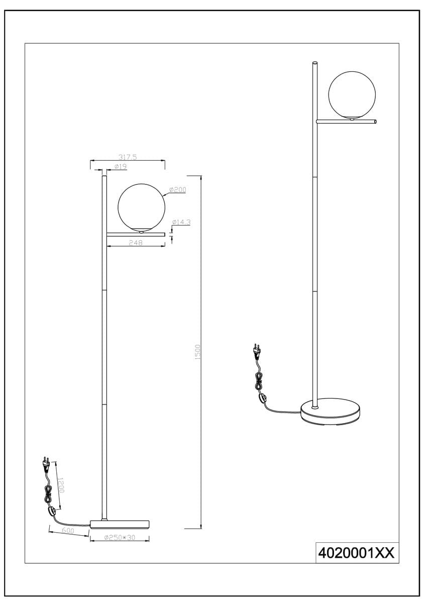 Lampa podłogowa Pure 1-punktowa w kolorze mosiądzu, z okrągłą głowicą o średnicy 20 cm, na smukłej, prostokątnej podstawie o wymiarach 25x3 cm. Widok frontalny z widocznym kablem zasilającym. Wysokość 150 cm.