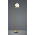 Lampa podłogowa Pure w kolorze mosiądzu z okrągłym, białym kloszem. Stoi na okrągłej podstawie, w prostym, minimalistycznym stylu. Widok frontalny, z wyraźnym detalem klosza na poziomej belce. Kabel zasilający widoczny.
