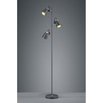Lampa podłogowa Edward z trzema punktami świetlnymi, w kolorze czarnym. Metalowa konstrukcja z okrągłą podstawą i reflektorami w stylu industrialnym, ustawiona w pozycji stojącej na jednolitym tle.