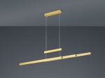 Trajan LED lampa wisząca 3-punktowa w kolorze mosiądzu. Składa się z trzech poziomych pasków zawieszonych na cienkich linkach. Montaż sufitowy, minimalistyczny design. Tło w odcieniach szarości.