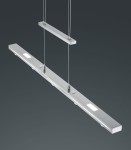 Lacal LED lampa wisząca 7-punktowa w kolorze nikiel. Składa się z dwóch prostokątnych elementów zamocowanych na cienkich linkach. Widoczne źródła światła w formie płaskich paneli. Tło ciemnoszare, minimalistyczny design.