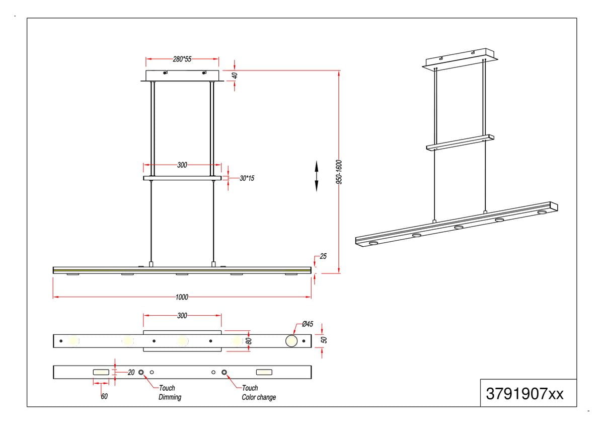 Lacal LED lampa wisząca 7-punktowa w kolorze niklowym, o wymiarach 1000x300 mm, z regulowaną wysokością 960-1000 mm. Posiada funkcje dotykowego ściemniania oraz zmiany koloru. Elementy montażowe w zestawie.