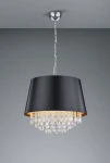 Lampa wisząca Loreley 3-punktowa w kolorze czarnym z metalowym kloszem i kryształowymi dekoracjami. Zawieszona na przezroczystym przewodzie, z podwójnym wykończeniem: matowym na zewnątrz i złotym wewnątrz. Ujęcie frontalne.