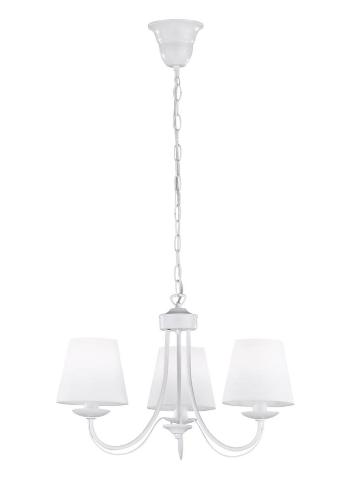 Lampa wisząca Cortez 3-punktowa w białym kolorze. Posiada trzy klosze w kształcie stożków, zawieszone na eleganckim łańcuchu. U góry znajduje się okrągła podsufitka, a całość ma prosty, nowoczesny design.