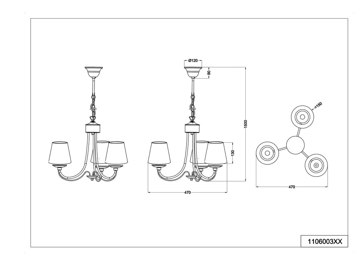 Lampa wisząca Cortez 3-punktowa w kolorze białym, z trzema abażurami. Ujęcie frontalne z wymiarami: wysokość 150 cm, średnica 120 cm. Zawieszona na dekoracyjnym łańcuchu, z widocznymi detalami mocowania. Idealna do aranżacji wnętrz.