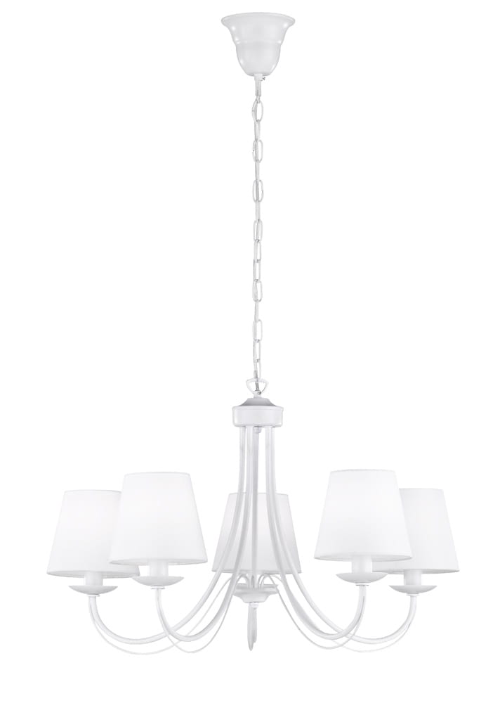 Lampa wisząca Cortez 5-punktowa w kolorze białym. Posiada pięć kloszy w kształcie stożków oraz smukłe ramiona. Zawieszona na łańcuszku, z górnym uchwytem w formie miseczki. Prosta, elegancka konstrukcja, idealna do różnych wnętrz.