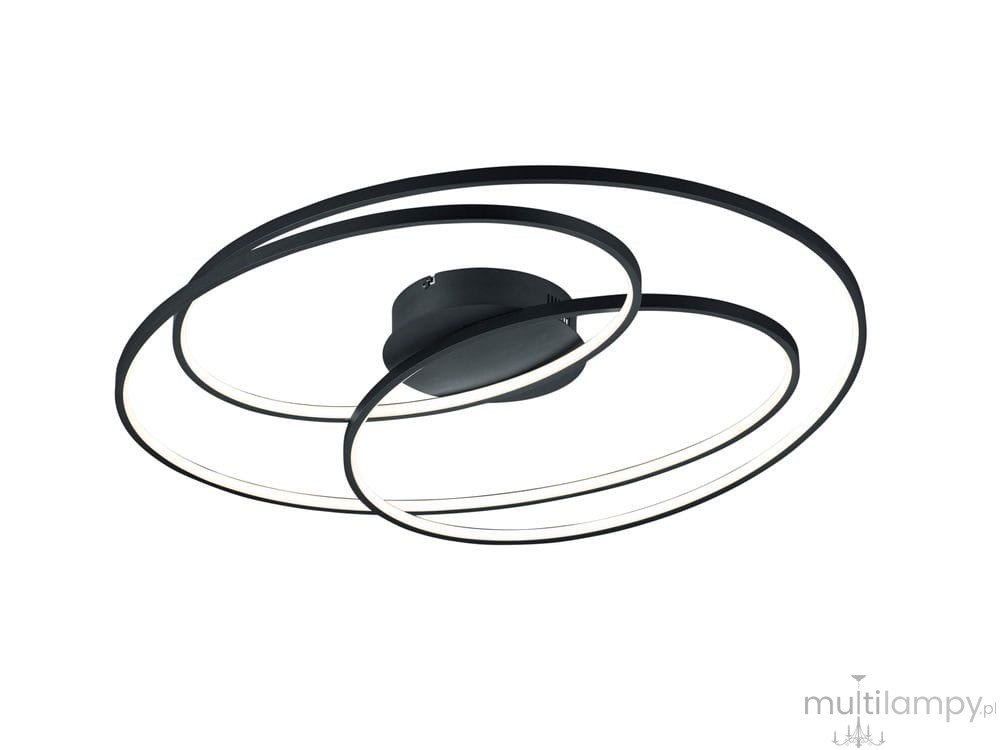 Czarna lampa sufitowa LED Gale, 1-punktowa, z dwoma okrągłymi ramionami o różnej średnicy, zamontowana na okrągłej podstawie. Lampa ma minimalistyczny design, z białym światłem wzdłuż krawędzi ramion. Ujęcie z dołu, ukazujące strukturę i kształt.