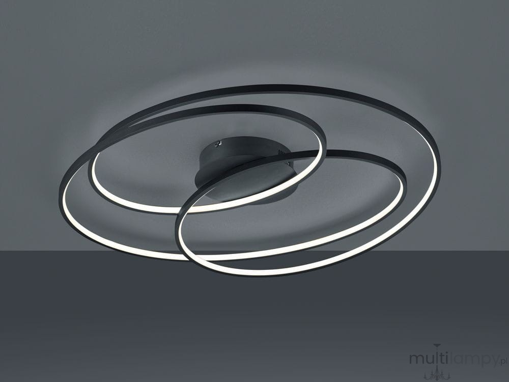 Czarna lampa sufitowa Gale LED z jednopunktowym mocowaniem, złożona z dwóch spiralnych pierścieni z białym podświetleniem. Ujęcie frontalne, zamontowana na szarym suficie. Nowoczesny design, idealna do różnych wnętrz.