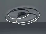 Czarna lampa sufitowa Gale LED z jednopunktowym mocowaniem, złożona z dwóch spiralnych pierścieni z białym podświetleniem. Ujęcie frontalne, zamontowana na szarym suficie. Nowoczesny design, idealna do różnych wnętrz.