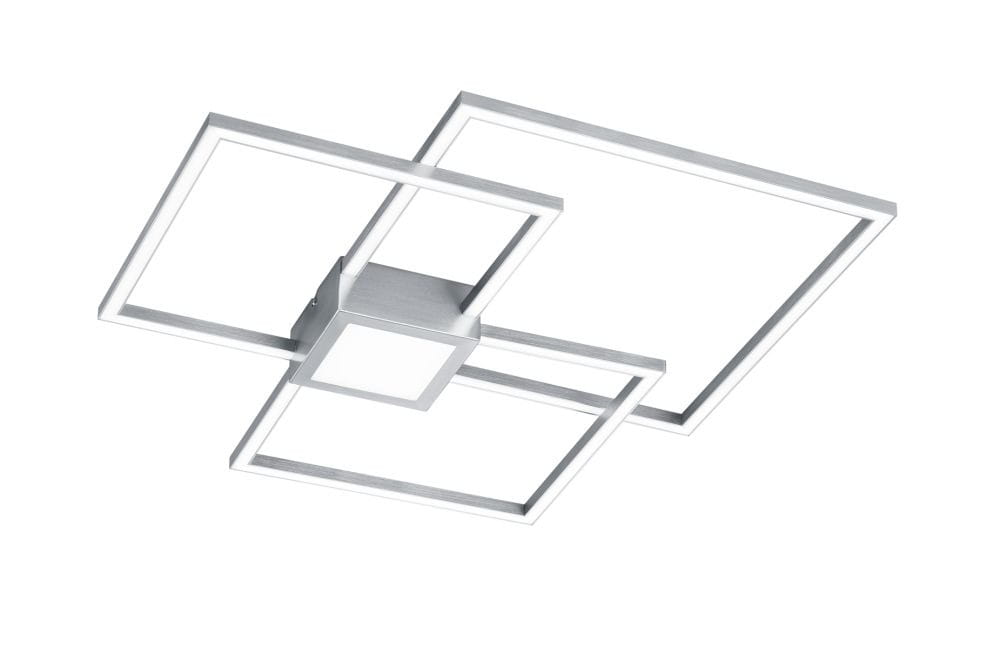 Lampa sufitowa LED 4-punktowa w kolorze niklowym, złożona z czterech kwadratowych ram, z centralnym elementem. Montowana na suficie, o nowoczesnym designie, odpowiednia do różnych wnętrz.