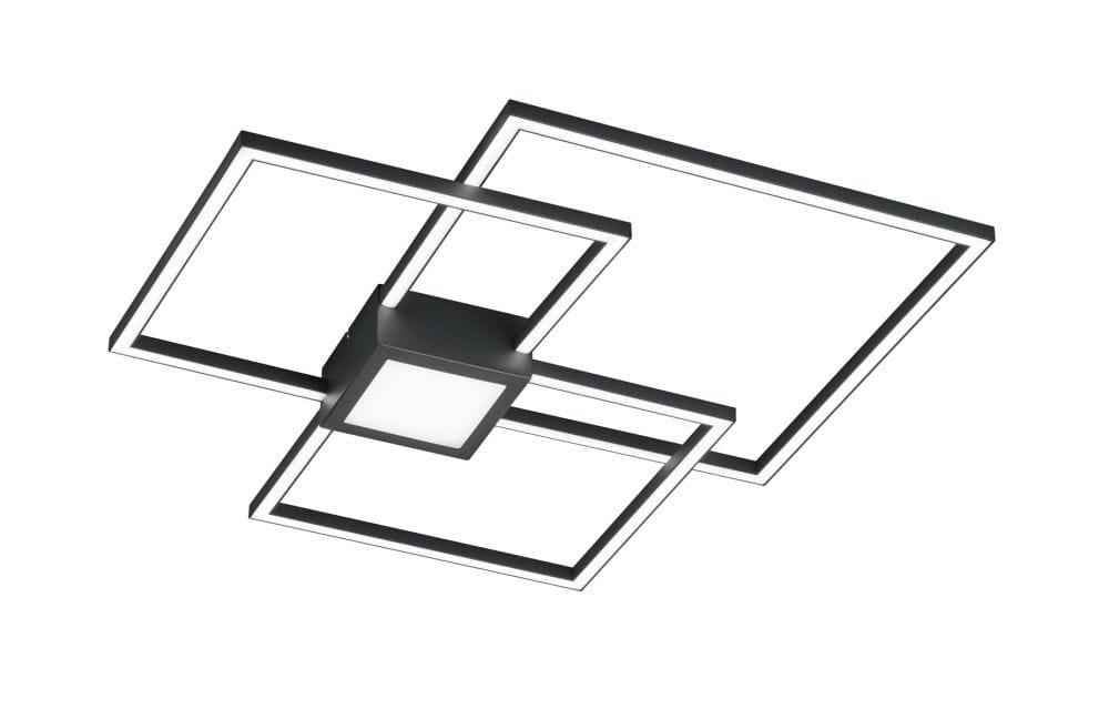 Hydra LED lampa sufitowa 4-punktowa w kolorze antracytowym. Posiada geometryczną konstrukcję z kwadratowych ram dostępnych w różnych wymiarach oraz centralną, białą oprawę. Ujęcie z góry, pokazujące nowoczesny design lampy.