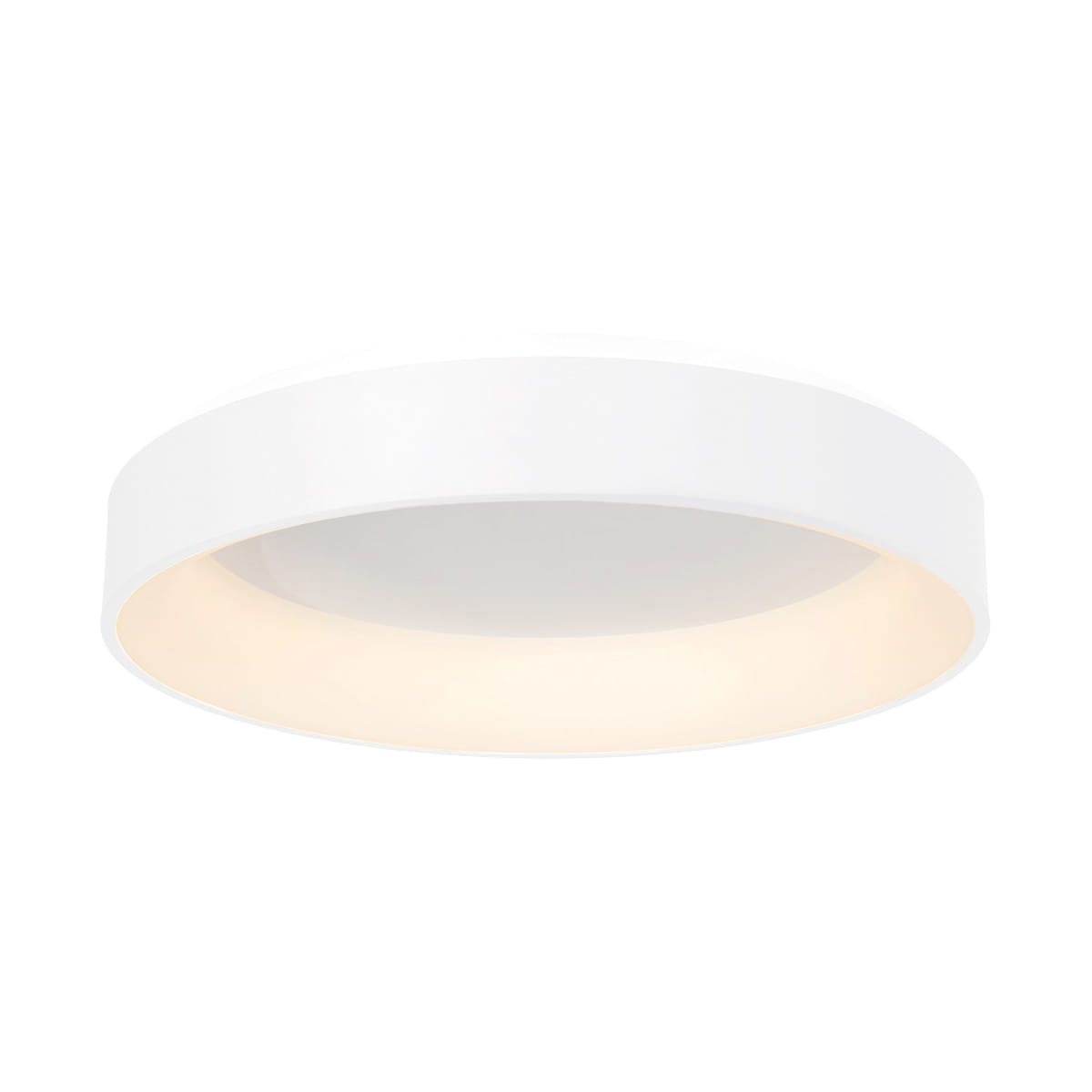 Plafon LED Ohio D45 w kolorze białym, o okrągłym kształcie i matowej powierzchni. Zainstalowany na suficie, emituje ciepłe, rozproszone światło. Produkt widoczny na jednolitym, jasnym tle.