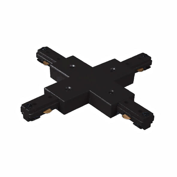 Złącze krzyżowe zasilające Track w kolorze czarnym, wykonane z tworzywa sztucznego. Ma kształt krzyża z czterema złączami po bokach, umożliwiającymi połączenie z prowadnicą szyny. Widok frontalny, produkt leży na płaskiej powierzchni.