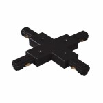 Złącze krzyżowe zasilające Track w kolorze czarnym, wykonane z tworzywa sztucznego. Ma kształt krzyża z czterema złączami po bokach, umożliwiającymi połączenie z prowadnicą szyny. Widok frontalny, produkt leży na płaskiej powierzchni.