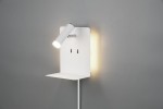 Biały kinkiet LED z portem USB, z lampą skierowaną w dół oraz niewielką półką. Prosta konstrukcja na tle szarym, z wbudowanym oświetleniem LED. Widoczne dwa otwory do montażu. Kinkiet umieszczony na ścianie w pozycji pionowej.