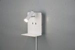 Kinkiet LED w kolorze białym z portem USB, montowany na ścianie. Posiada ruchomą głowicę lampy oraz półkę do odstawienia przedmiotów. Widoczny kabel zasilający, prosta konstrukcja na tle szarej ściany.