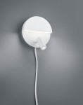 Biały kinkiet LED Mario o okrągłej podstawie, z wyprofilowanym uchwytem lampy skierowanym w dół. Kabel zasilający widoczny w dół. Ujęcie frontalne na szarym tle, podkreślające minimalistyczny design.