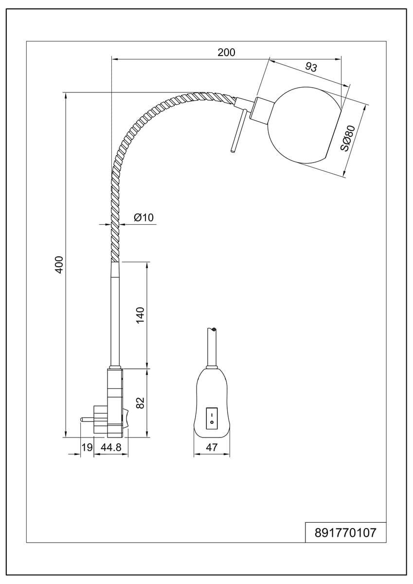 Lampka do kontaktu Ligara 1-punktowa w kolorze niklowym. Posiada elastyczny wysięgnik o długości 400 mm i okrągłą głowicę o średnicy 80 mm. Uchwyt montażowy z gniazdem elektrycznym. Widok frontalny z wymiarami.