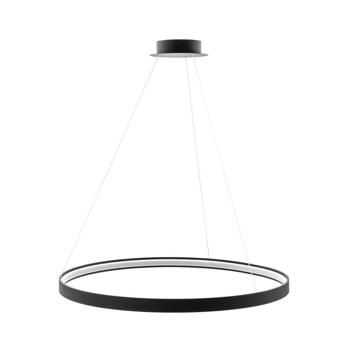 Czarna lampa wisząca Circle LED D78, 1-punktowa, z okrągłym metalowym kloszem i przezroczystym akcentem. Zawieszona na cienkich żyłkach, prezentuje minimalistyczny design. Ujęcie z boku, na tle białym.