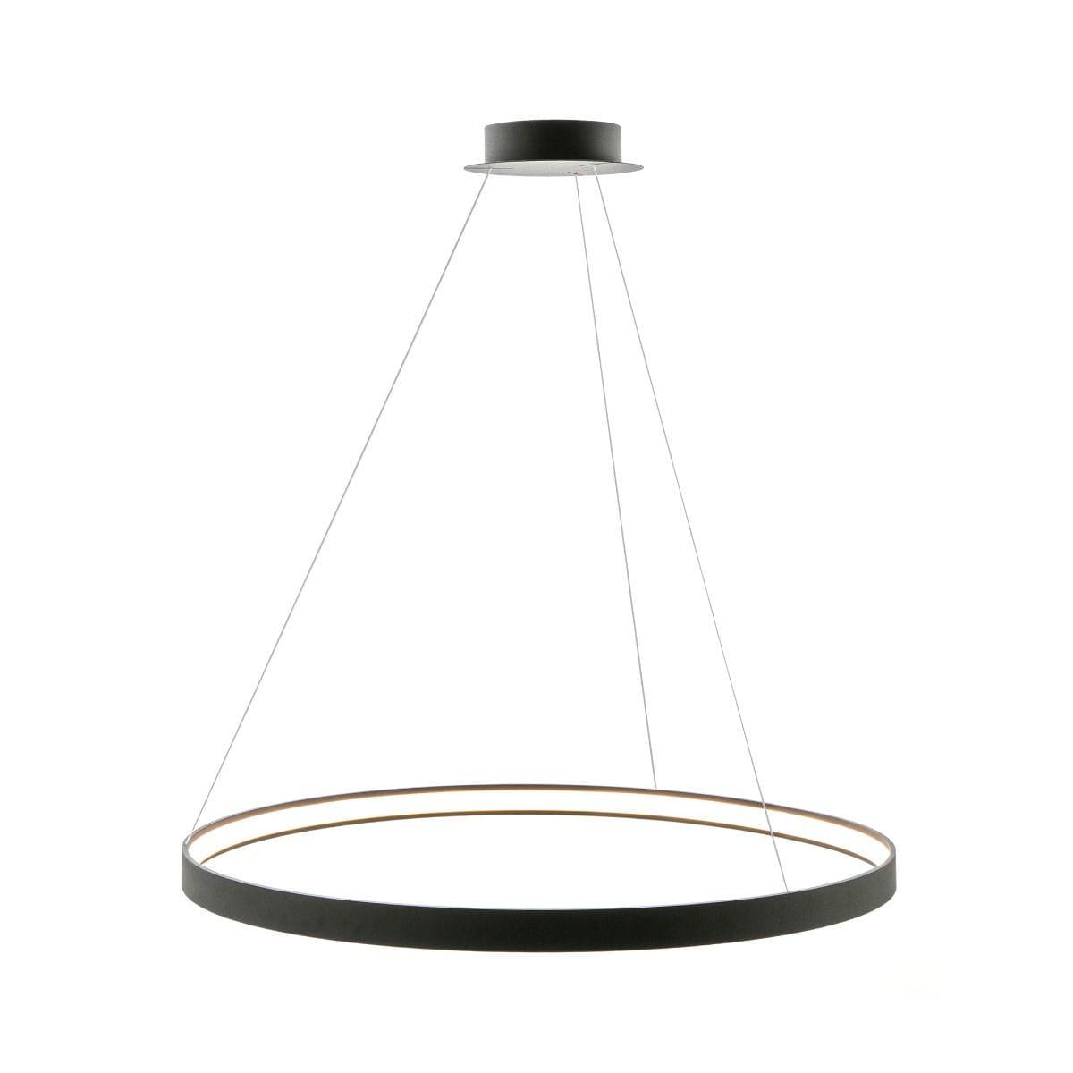 Czarna lampa wisząca Circle LED D78 z jedną oprawą, w kształcie dużego okręgu, zawieszona na cienkich żyłkach. Metalowy, matowy korpus z delikatnym złotym akcentem wzdłuż krawędzi. Prosty, nowoczesny design, odpowiednia do różnych wnętrz.