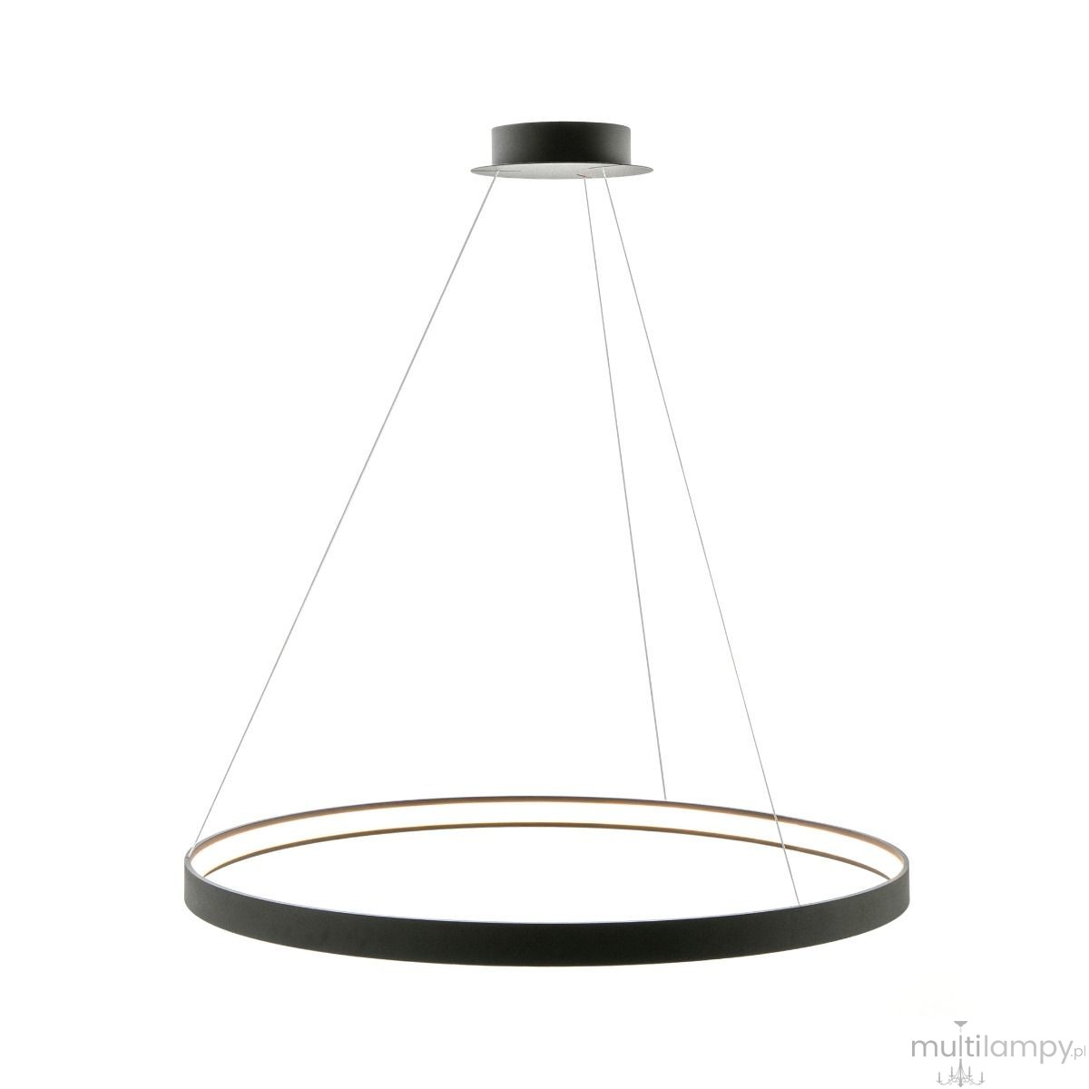 Czarna lampa wisząca Circle LED D110 o okrągłym kształcie, z metalowym kloszem, zawieszona na cienkich linkach. Prosty design z delikatnym złotym akcentem na krawędzi, montowana sufitowo, idealna do nowoczesnych wnętrz.