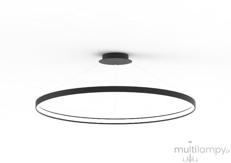 Czarna lampa wisząca Circle LED D110 o okrągłym kształcie, zawieszona na cienkich linkach. Posiada minimalistyczny design z metalowym stelażem i białym źródłem światła w środku, montowana do sufitu.